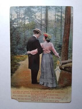 Vintage German Postcard Romantic Couple Forest Path Poem Divided Back